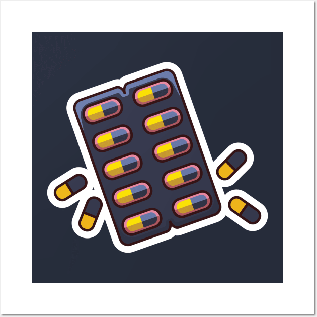 Capsule Pills Strip Sticker vector illustration. Healthcare medicine icon concept. Medicines pills packing tablets sticker design logo with shadow. Wall Art by AlviStudio